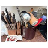 Kitchen Utensil Lot with Knife Block and Campbell Soup Tray