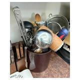 Kitchen Utensil Lot with Knife Block and Campbell Soup Tray