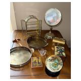 Vintage Brass Trays, Display Cabinet, Snow Globe & Music Boxes Lot