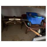 Lot of Yard Tools including Wheelbarrow and Blue Wagon