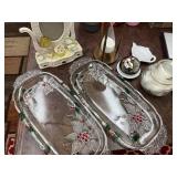Decorative Household Lot: Glass Trays, Vanity Mirror, Sand Timer, Silver Bell