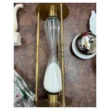 Decorative Household Lot: Glass Trays, Vanity Mirror, Sand Timer, Silver Bell