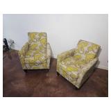 Yellow Paisley Upholstered Armchair Pair