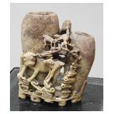 Carved Soapstone Climbing Animals Double Vase Brush Pot, as