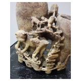 Carved Soapstone Climbing Animals Double Vase Brush Pot, as