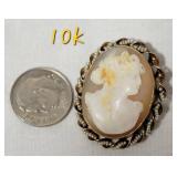 10K Yellow Gold Antique Carved Cameo with Seed Pearls Pendant Brooch