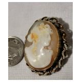 10K Yellow Gold Antique Carved Cameo with Seed Pearls Pendant Brooch