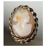 10K Yellow Gold Antique Carved Cameo with Seed Pearls Pendant Brooch