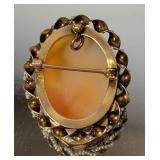 10K Yellow Gold Antique Carved Cameo with Seed Pearls Pendant Brooch