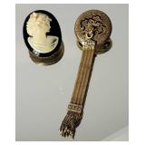 Antique Victorian Jet Cameo and Drop Tassel Brooch Pendant