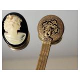 Antique Victorian Jet Cameo and Drop Tassel Brooch Pendant