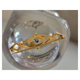 14K Yellow Gold Romantic Sapphire and Seed Pearl Pin ~ 3g