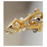 14K Yellow Gold Romantic Sapphire and Seed Pearl Pin ~ 3g