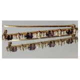 14K Yellow Gold Amethyst and Pearl Cluster Bar Pin ~ 3g