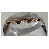 14K Yellow Gold Amethyst and Pearl Cluster Bar Pin ~ 3g