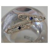 14K White Gold Art Nouveau Sapphire Filligree Bar Pin Duo ~ 2g