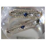 14K White Gold Art Nouveau Sapphire Filligree Bar Pin Duo ~ 2g