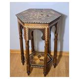 Moroccan Inlaid Wood Hexagon Side Table with Geometric Marquetry - B
