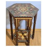 Moroccan Inlaid Wood Hexagon Side Table with Geometric Marquetry -A