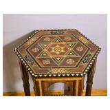 Moroccan Inlaid Wood Hexagon Side Table with Geometric Marquetry -A