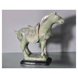 Hand Carved Green Stone Tang Style Horse Sculpture on Wood Base