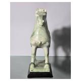 Hand Carved Green Stone Tang Style Horse Sculpture on Wood Base