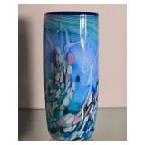 Tall Studio Art Glass Cylinder Vase with Blue and Multicolor Design