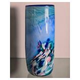 Tall Studio Art Glass Cylinder Vase with Blue and Multicolor Design