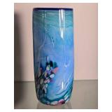 Tall Studio Art Glass Cylinder Vase with Blue and Multicolor Design