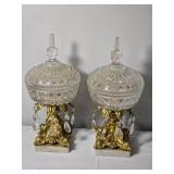 Pair Crystal and Gilt Metal Table Jars with Marble Bases
