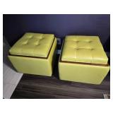 Pair Contemporary Lime Green Leather Storage Ottomans