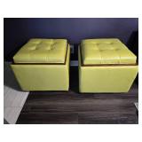 Pair Contemporary Lime Green Leather Storage Ottomans