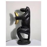 Hand Carved Primitive Monkey Sculpture Holding Banana Signed