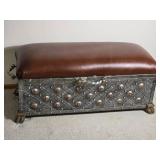 Decorative Metal and Leather Upholstered Storage Bench Trunk