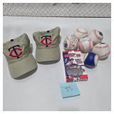 Signed Baseball Memorabilia Lot — 6 Baseballs (Multiple Autographed) + 2 NEW Minnesota Twins Hats w/ Tags + MLB Showdown 2000 Sealed Game