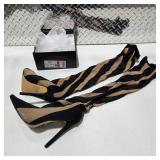 EGO Over The Knee High Heel Boots Size 6 Women’s Black Nude Stripe Thigh High Stiletto Boots w Box