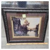 Large Ornate Framed Cottage Landscape Wall Art Rustic Country River Scene Decor Heavy Decorative Frame