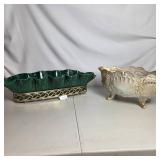 Vintage Decorative Centerpiece Bowls Gold Tone Footed Bowl & Green Glass Tray w Metal Stand