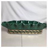 Vintage Decorative Centerpiece Bowls Gold Tone Footed Bowl & Green Glass Tray w Metal Stand