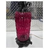 Vintage Ruby Red Glass Table Lamp Gothic Ornate Base Accent Lighting Works