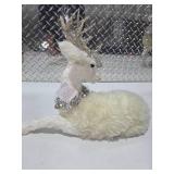 Large Laying White Reindeer Holiday Christmas Decor w/ Glitter Antlers Winter Display
