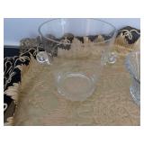 Vintage Crystal Serving Bowl with Floral Design and Glass Ice Bucket