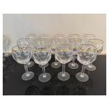 Vintage Crystal Water Goblets or Red Wine Glasses with Gold Trim (Qty 15)