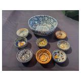 Beautiful Handcrafted Ceramic Bowl 7 1/2" with Eight Small Dipping Bowls