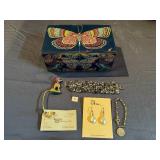 Butterfly Jewelry Box, Handmade Coin Pearl Earrings, Handcrafted Bracelet (Blue/Gray), Celestial Bracelet, Poodle Purse/Bag Holder