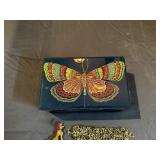 Butterfly Jewelry Box, Handmade Coin Pearl Earrings, Handcrafted Bracelet (Blue/Gray), Celestial Bracelet, Poodle Purse/Bag Holder