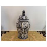 Collectible Ceramic Ginger Jar Blue and White Lid Topped with Lion Finial "Fu Dog" or Temple Dog