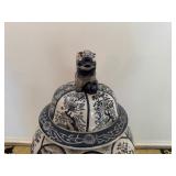Collectible Ceramic Ginger Jar Blue and White Lid Topped with Lion Finial "Fu Dog" or Temple Dog