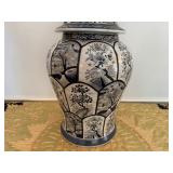 Collectible Ceramic Ginger Jar Blue and White Lid Topped with Lion Finial "Fu Dog" or Temple Dog