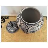 Collectible Ceramic Ginger Jar Blue and White Lid Topped with Lion Finial "Fu Dog" or Temple Dog